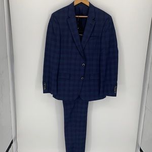 Hugo Boss blue plaid wool linen blend suit